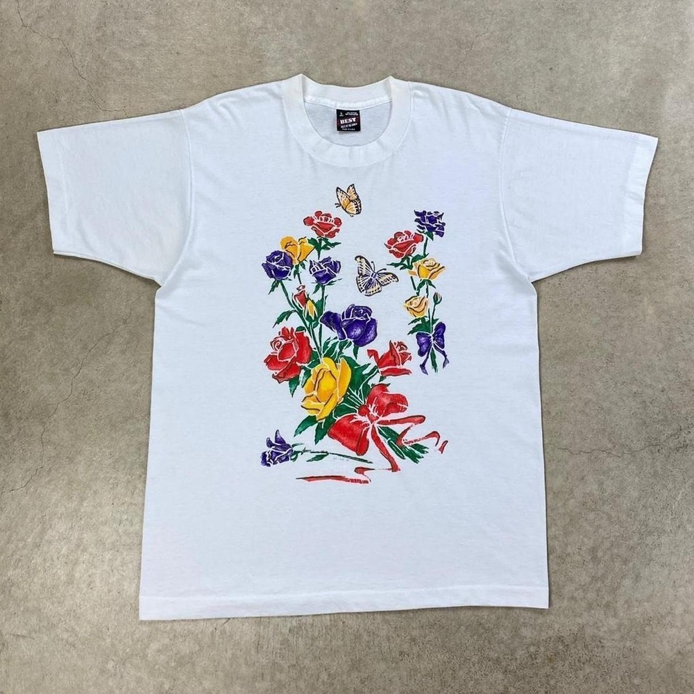 Vintage 80s Flower Art Shirt Size Large White Butterfly Outdoor USA Made